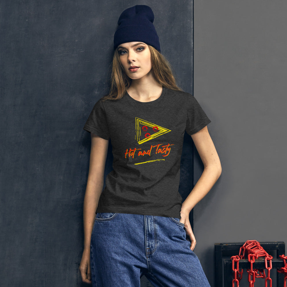 Black Retro Hot & Tasty Pizza Women's Graphic T-Shirt by Snaxtime
