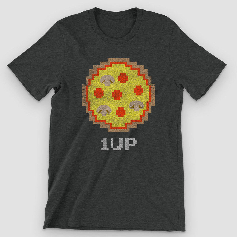 Black heather t-shirt with a retro pixel-art pizza and "1UP" in video game type
