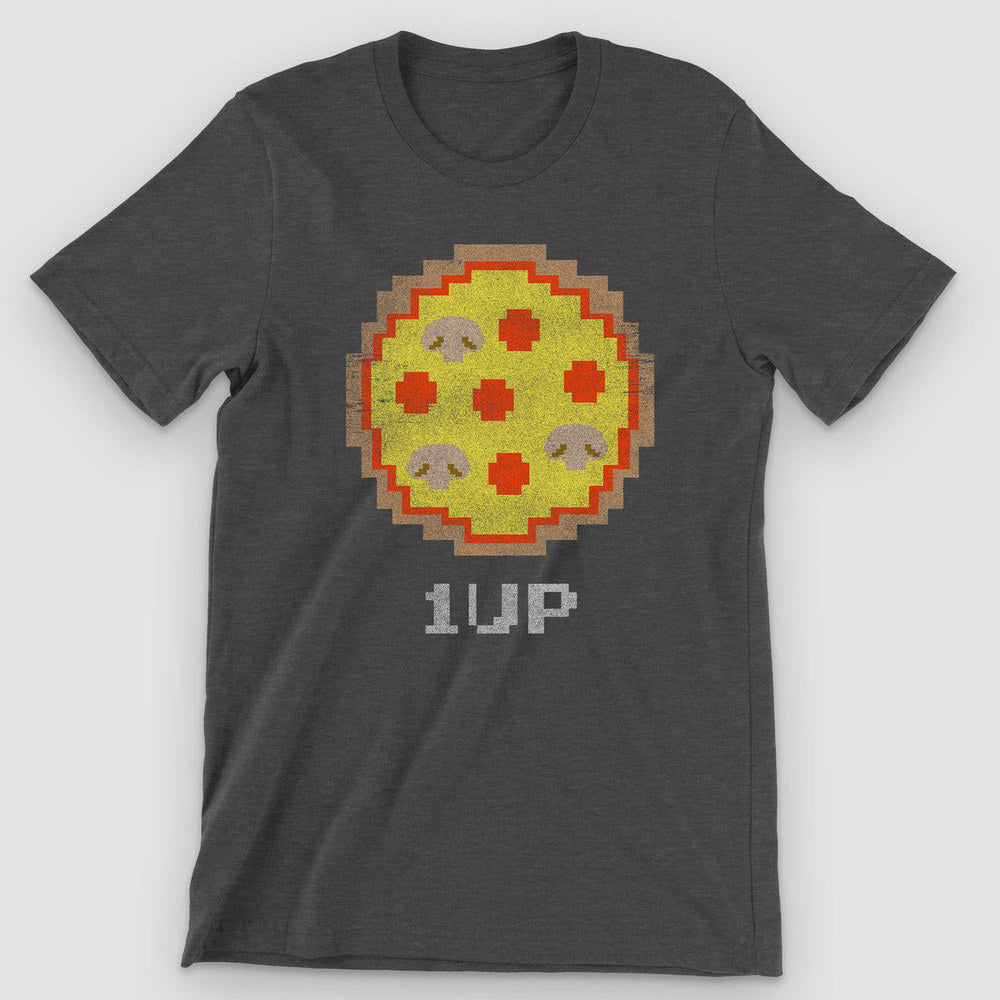 Dark gray heather tee with an 8-bit arcade pizza, pixel pepperoni and "1UP" below