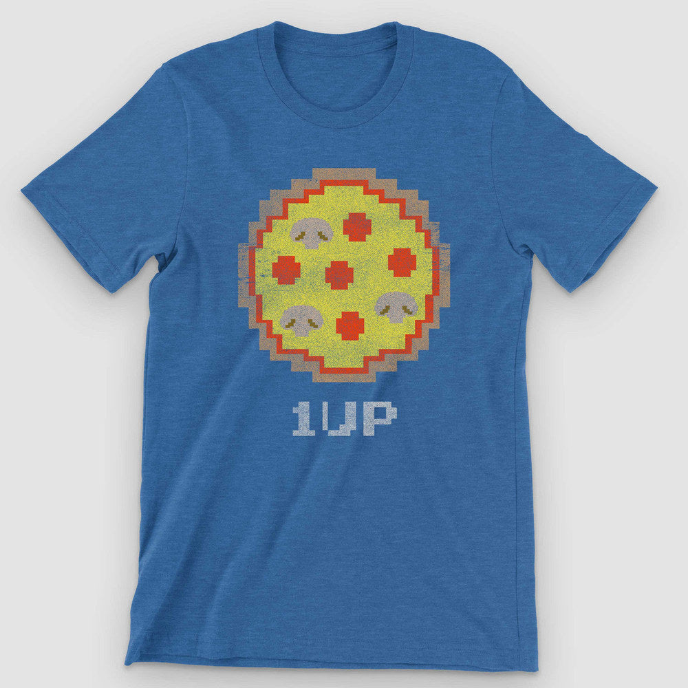 Heather true royal t-shirt with a pixelated 8-bit pizza above blocky "1UP" text