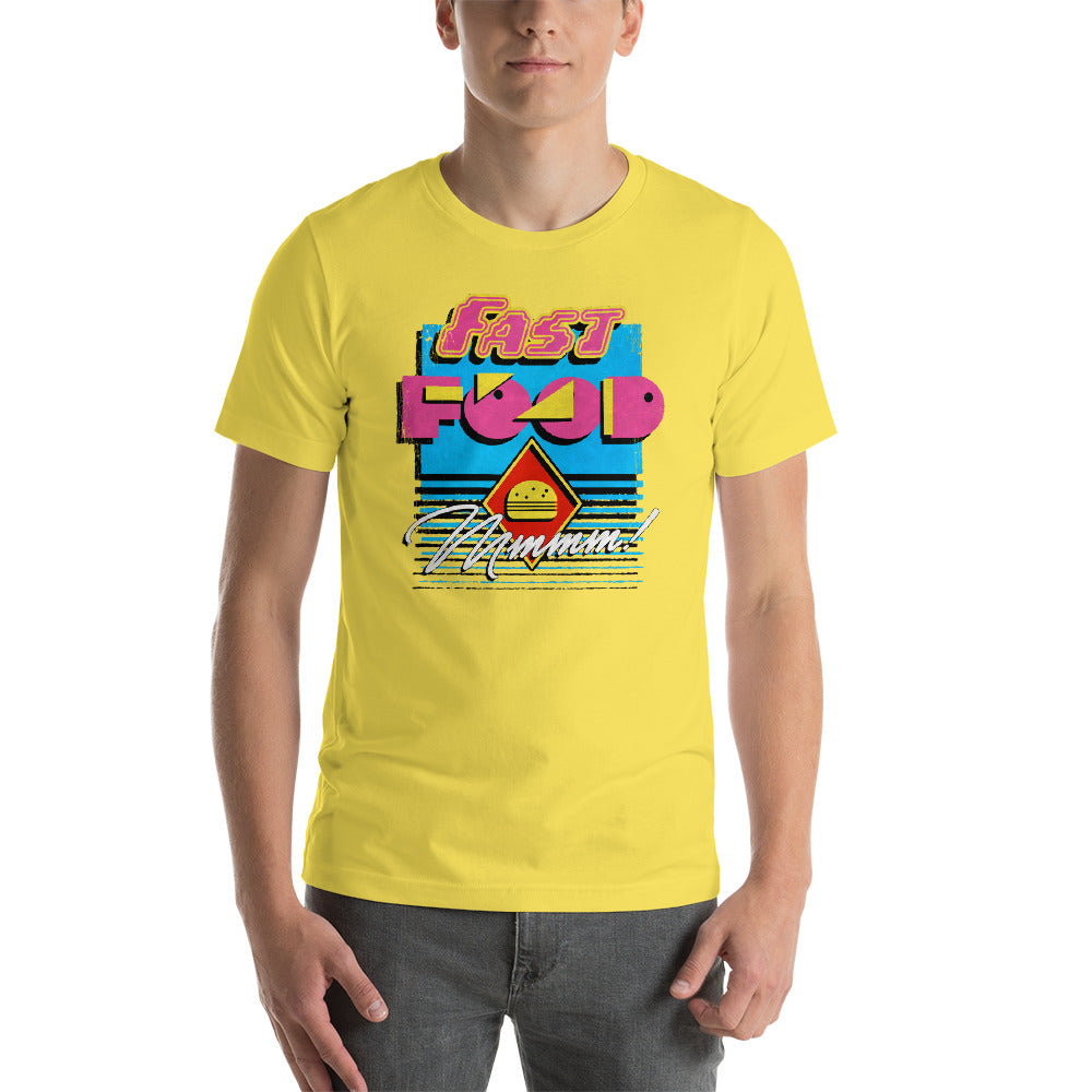 Man wearing the yellow neon "Fast Food Mmmm!" burger t-shirt with gray jeans