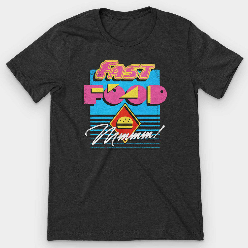Black heather tee with neon "Fast Food" lettering over a striped 80s sunset and burger