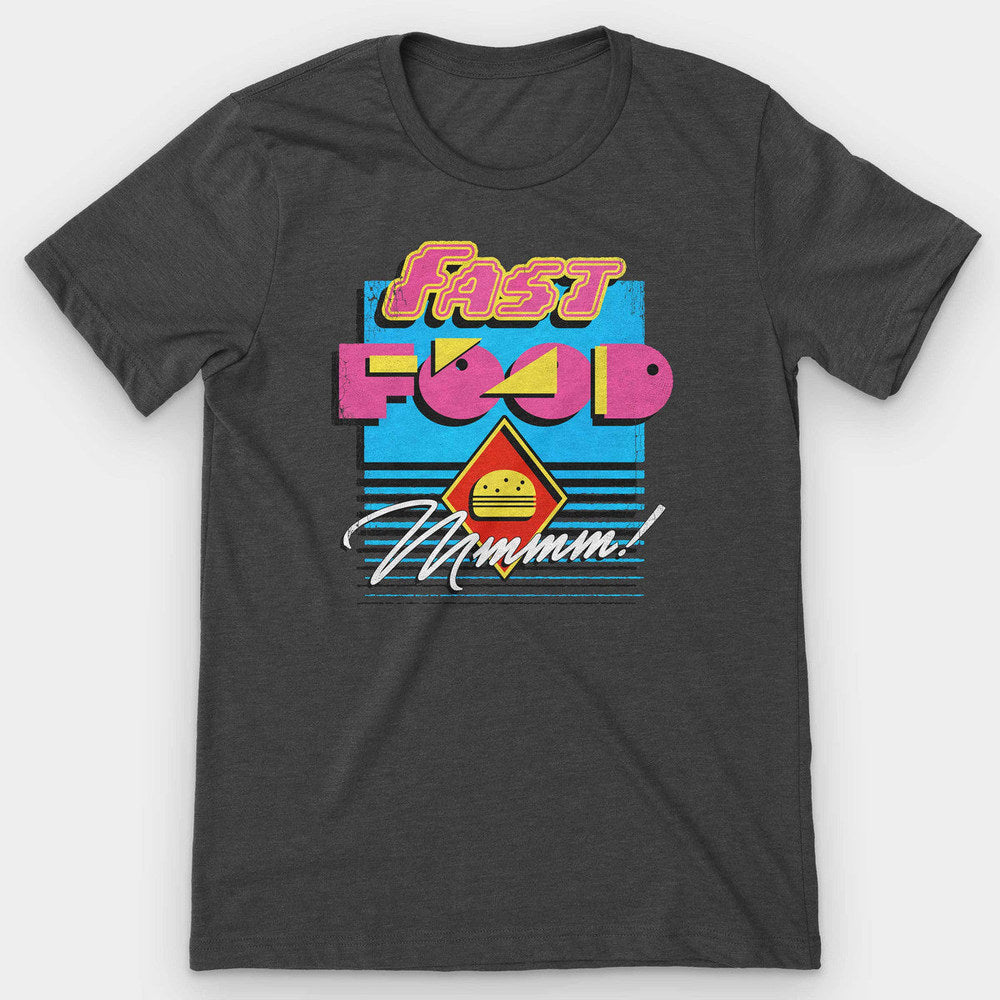 Dark gray heather tee with pink and yellow "Fast Food" type and a cartoon burger