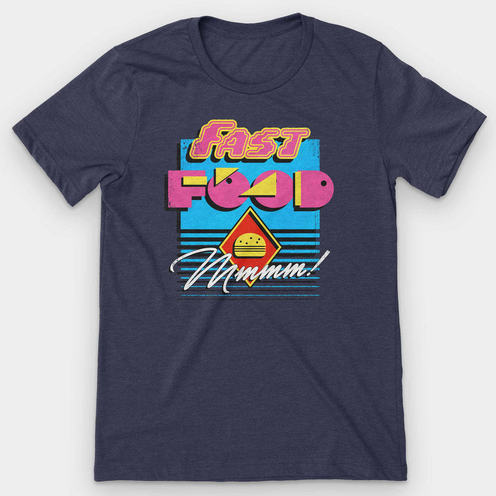 Heather midnight navy t-shirt with a neon "Fast Food Mmmm!" burger and sunset stripes