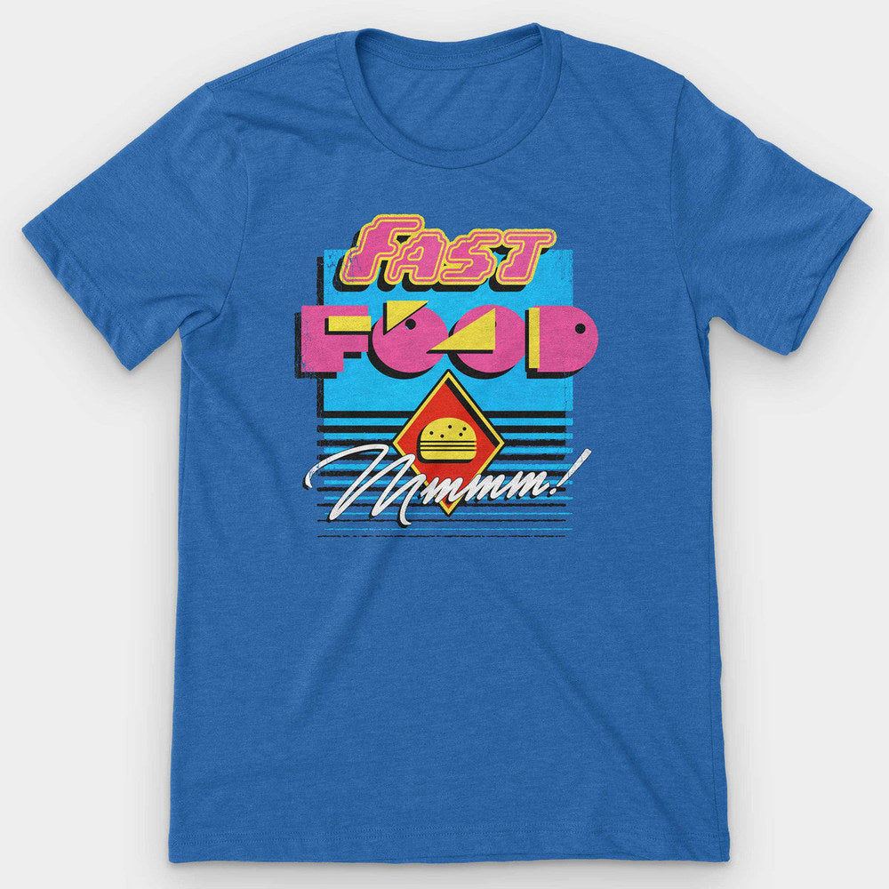 Heather true royal t-shirt with neon pink "Fast Food" and a burger in a yellow diamond