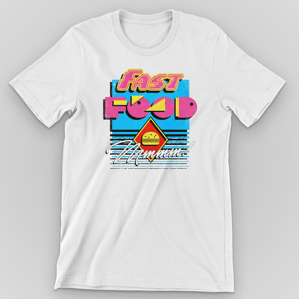 White t-shirt with a cyan and pink retro "Fast Food Mmmm!" burger graphic