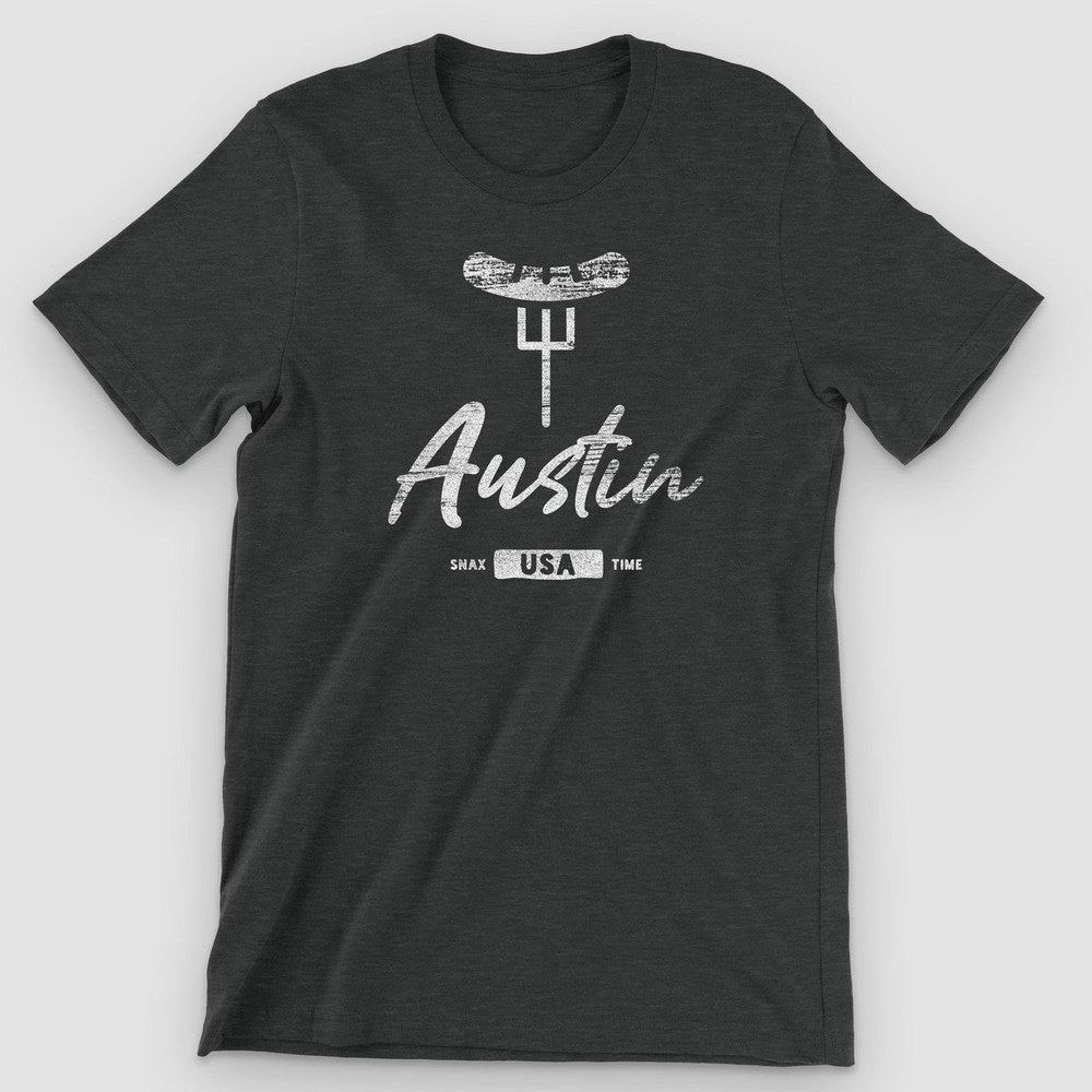 Black heather t-shirt with a white BBQ brisket on a fork above "Austin" script