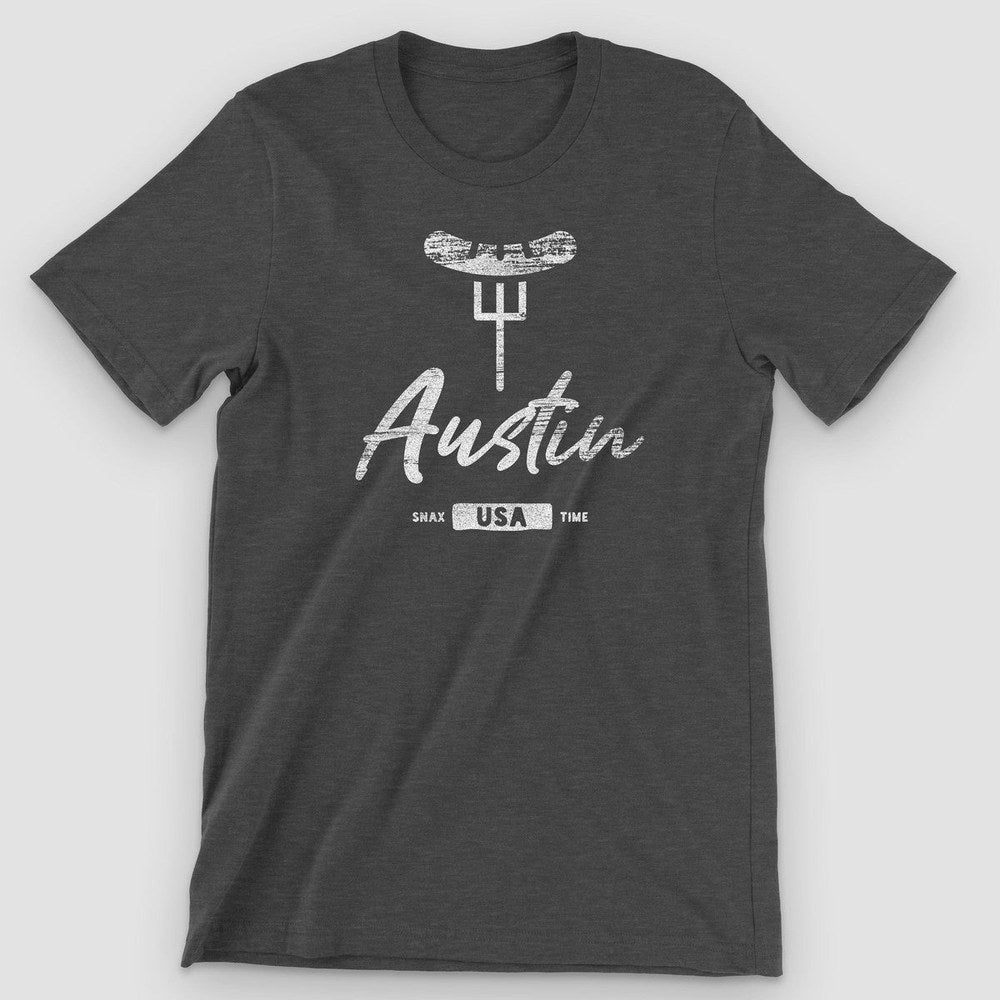 Dark gray heather tee with distressed white barbecue-on-a-fork art and "Austin" script