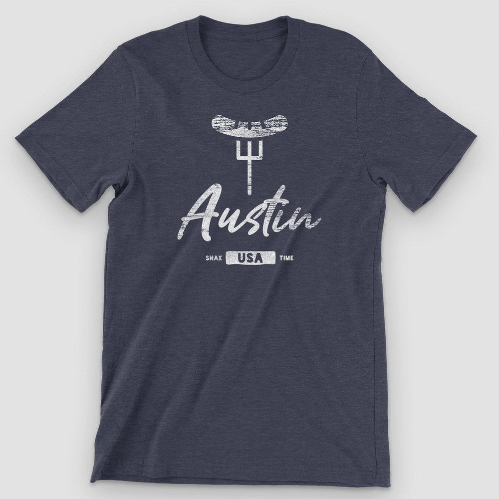 Heather midnight navy t-shirt with white "Austin" brush script and a BBQ-topped fork