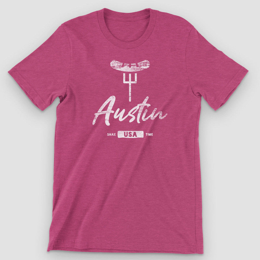 Heather raspberry t-shirt with a white BBQ-on-a-fork graphic and "Austin" script