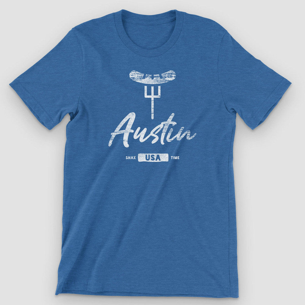 Heather true royal t-shirt with white distressed "Austin" BBQ fork artwork