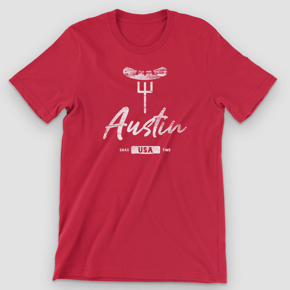 Red t-shirt with a white brisket-on-a-fork design and "Austin" in brush script