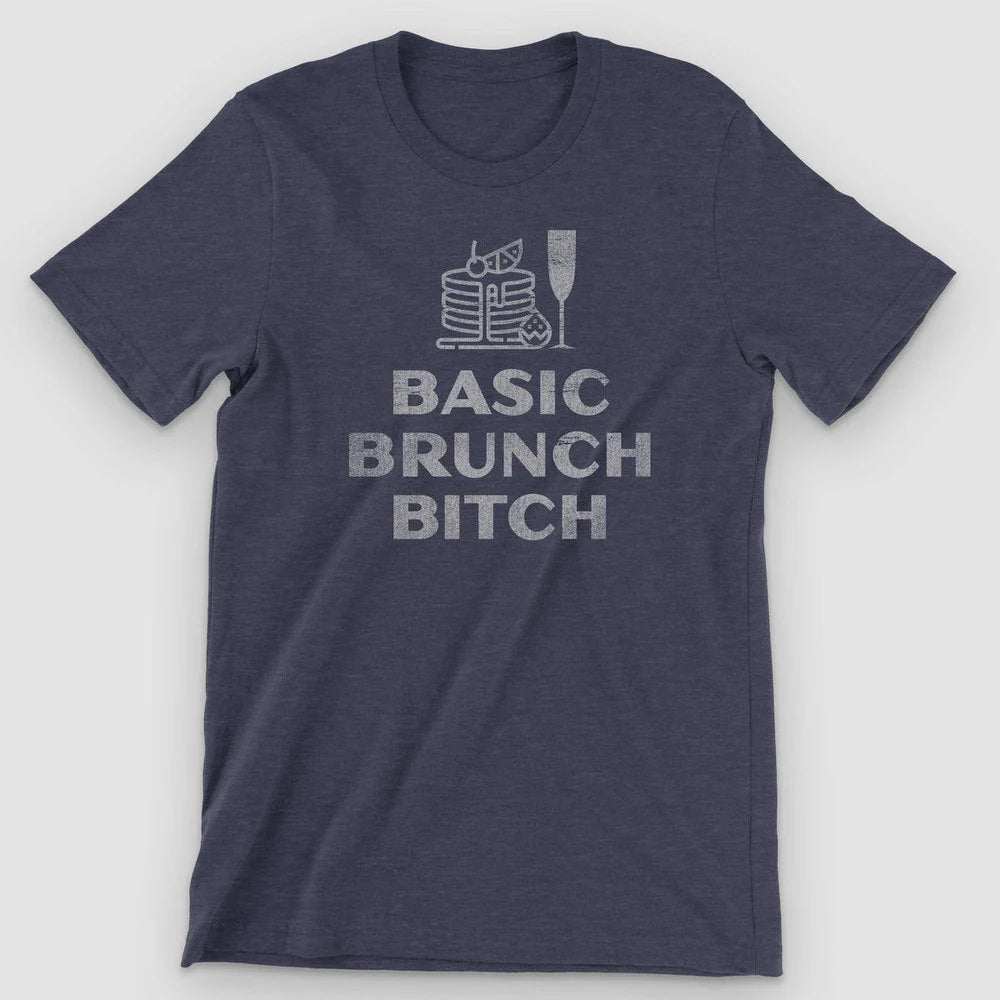 Heather navy t-shirt with a pancake stack, mimosa glass, and distressed BASIC BRUNCH BITCH text