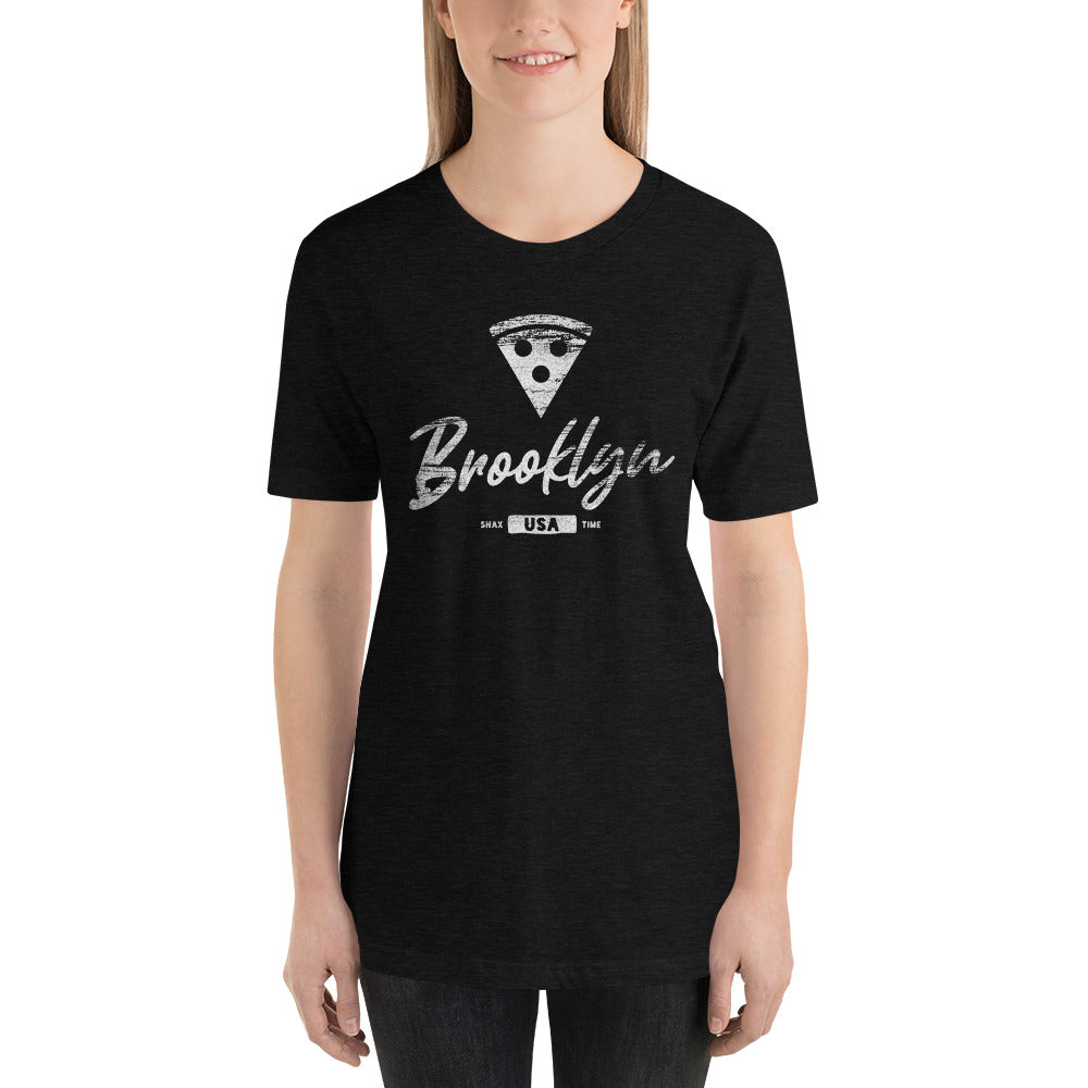 Person wearing a black heather t-shirt with the white Brooklyn pizza slice print