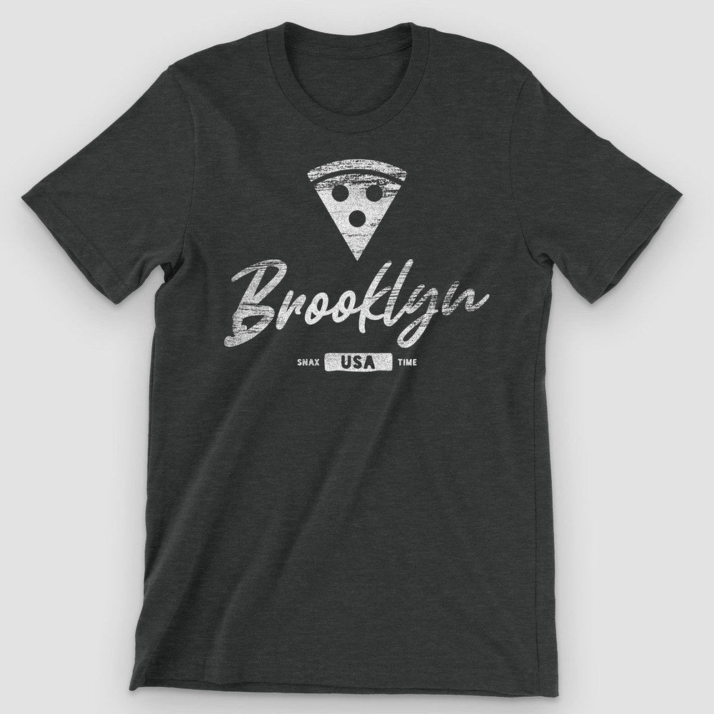 Black heather t-shirt with a distressed white pizza slice above script Brooklyn and SNAX USA TIME