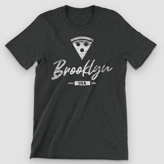 Black heather t-shirt with a distressed white pizza slice above script Brooklyn and SNAX USA TIME