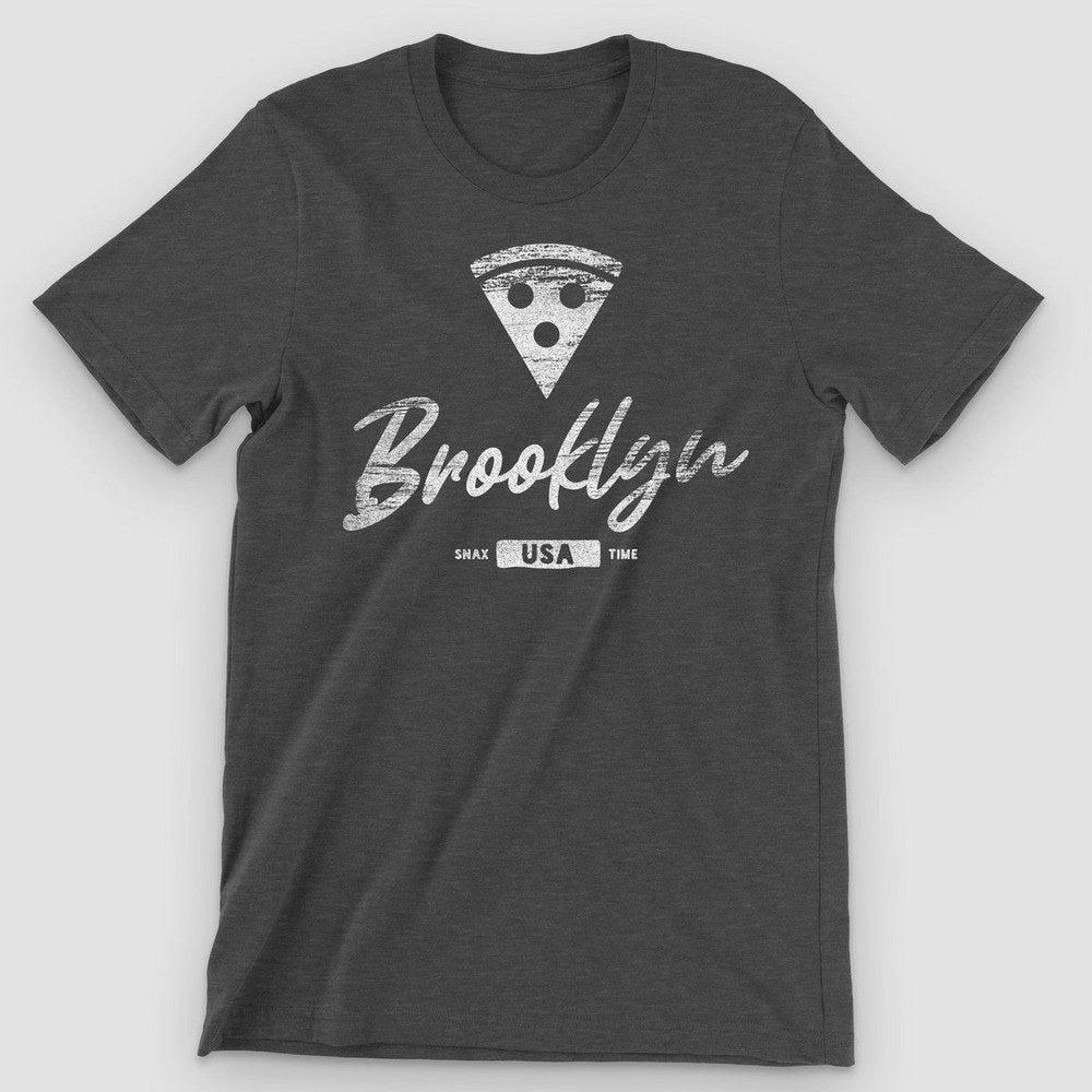 Dark gray heather t-shirt with a pizza slice, script Brooklyn, and a small USA tab