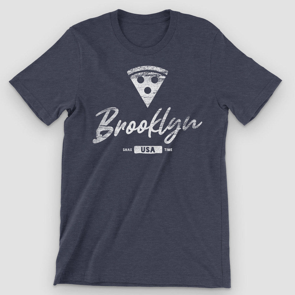 Heather midnight navy t-shirt with a white pizza slice above brushed Brooklyn script