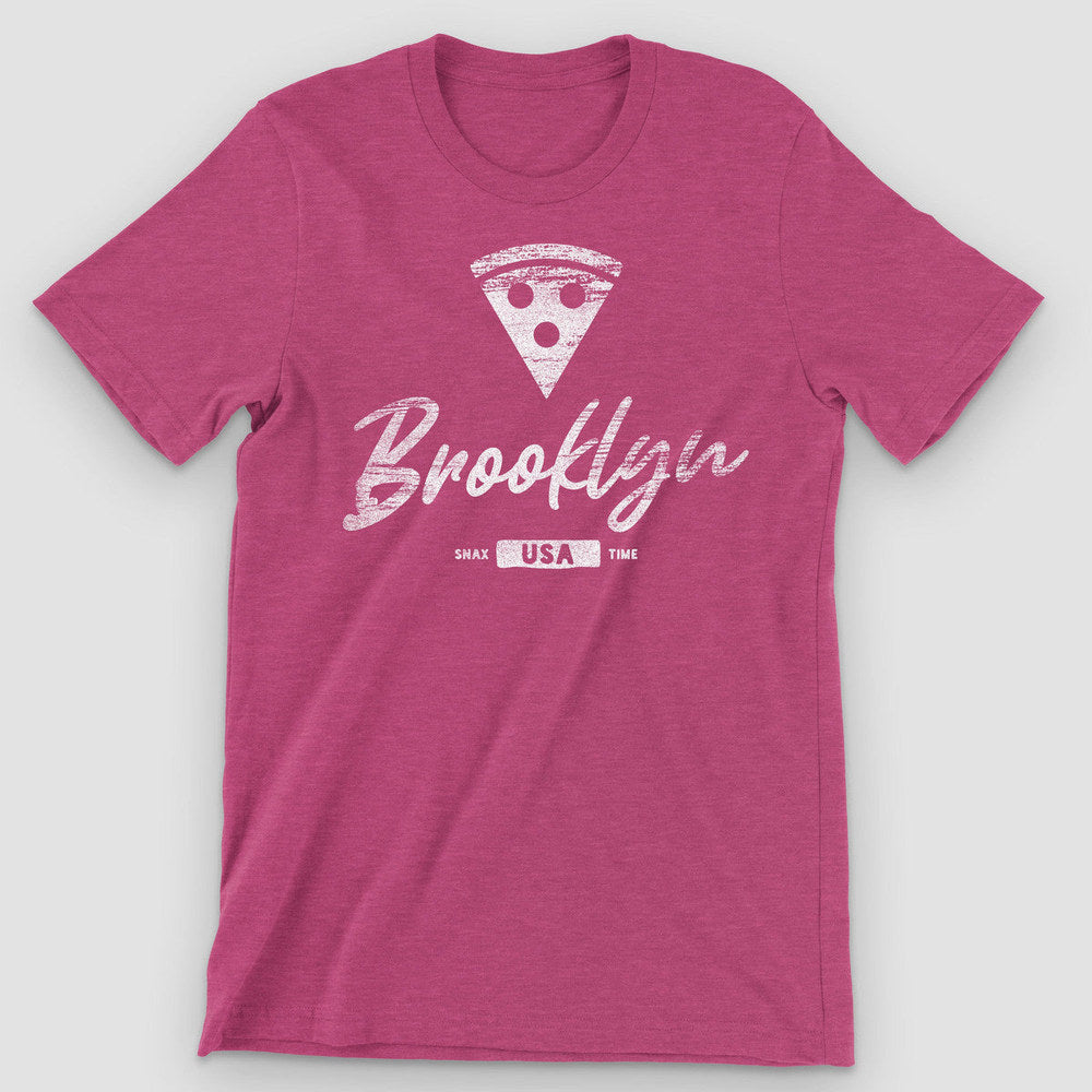 Heather raspberry t-shirt with a white pizza slice over script Brooklyn and a USA tab