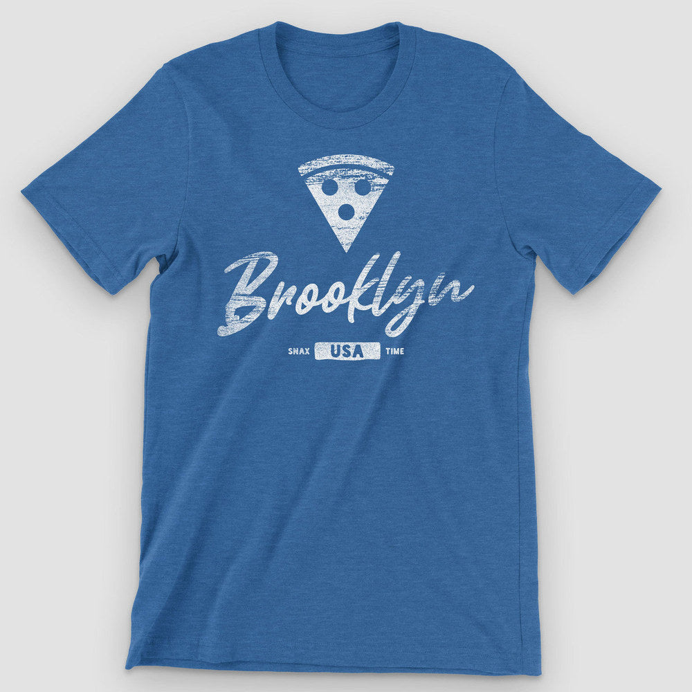 Heather royal blue t-shirt with a worn white pizza slice and script Brooklyn print
