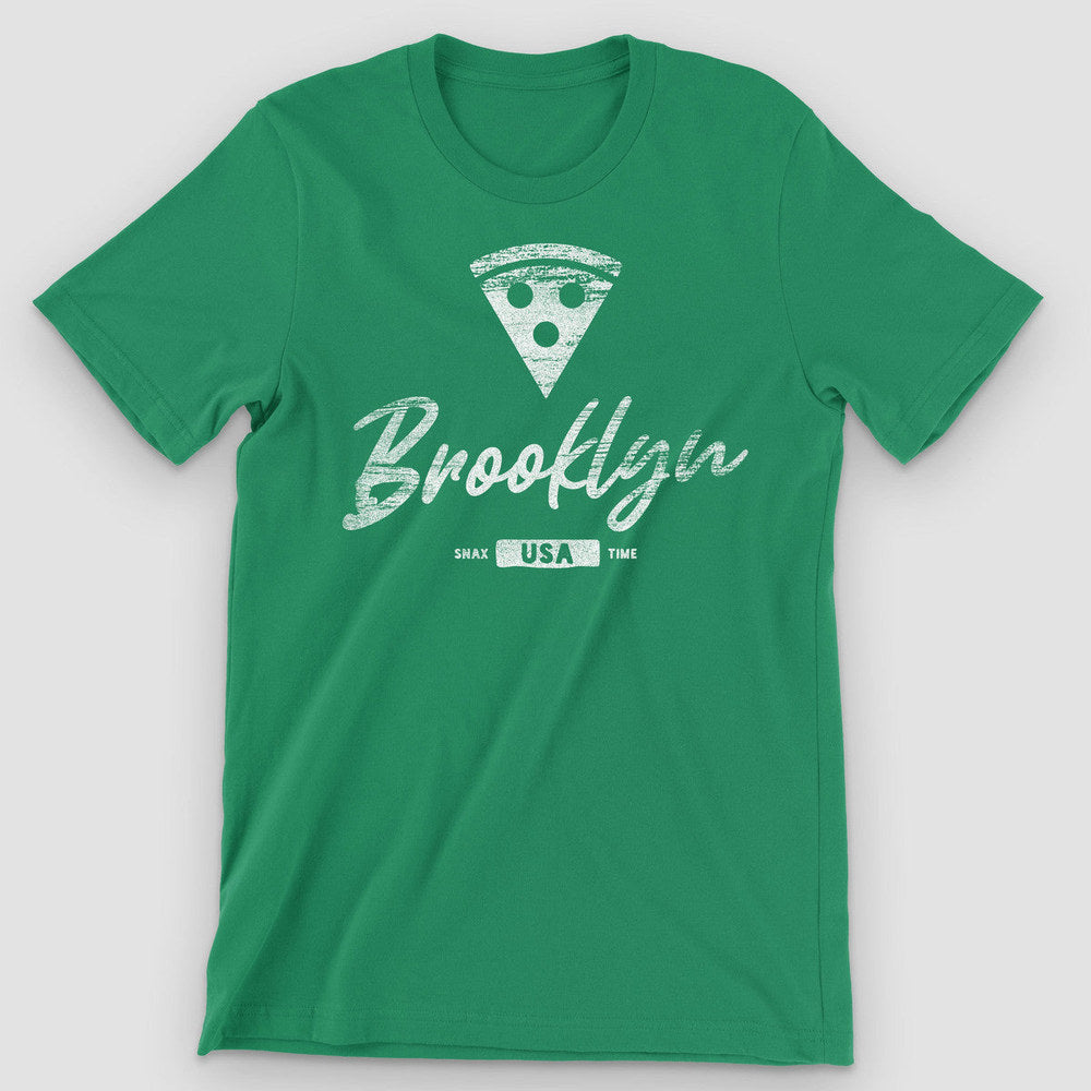 Kelly green t-shirt with a white pizza slice icon and script Brooklyn lettering