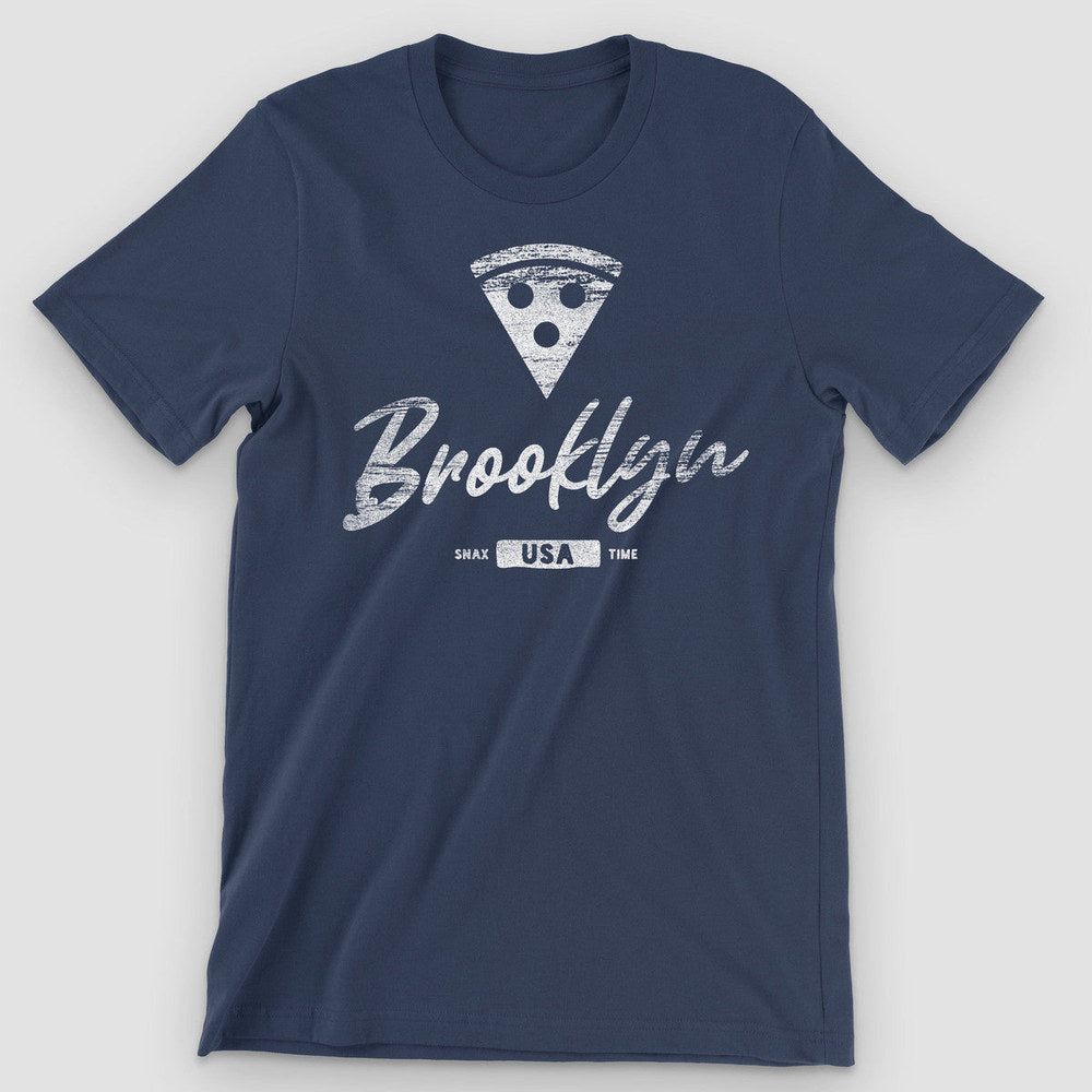 Solid navy t-shirt with a faded white pizza slice and handwritten Brooklyn wordmark