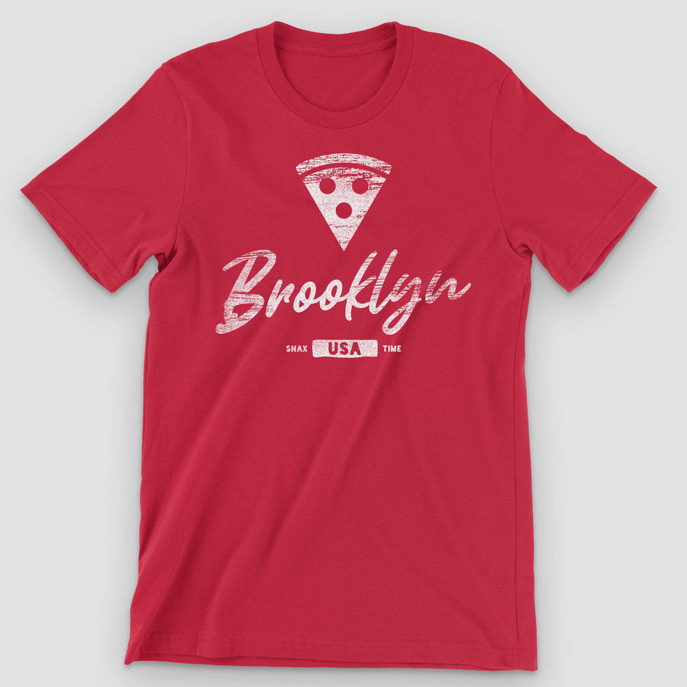 Red t-shirt with a white pepperoni slice icon over script Brooklyn lettering