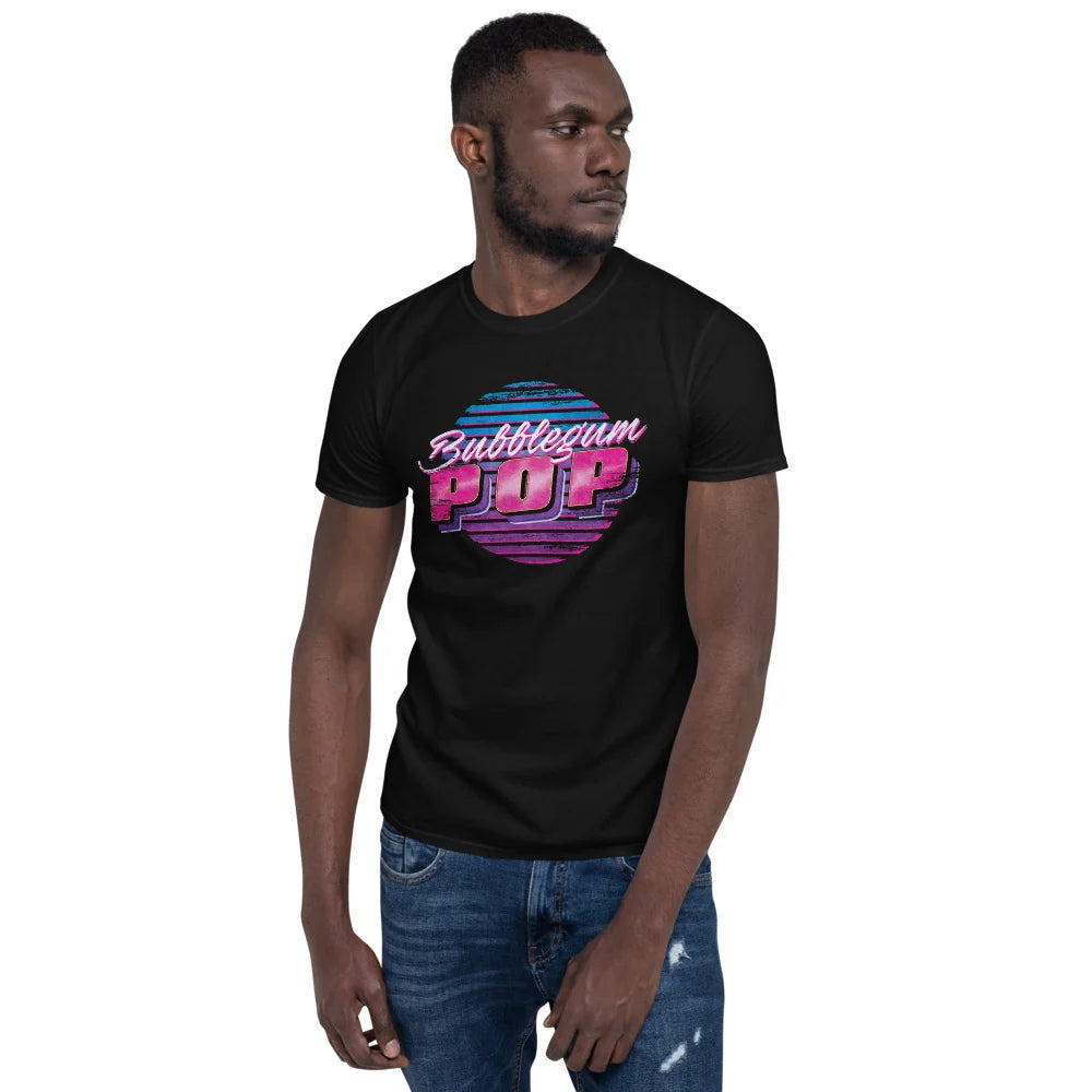 Man in jeans and a black Bubblegum POP t-shirt, turned three-quarters to the camera