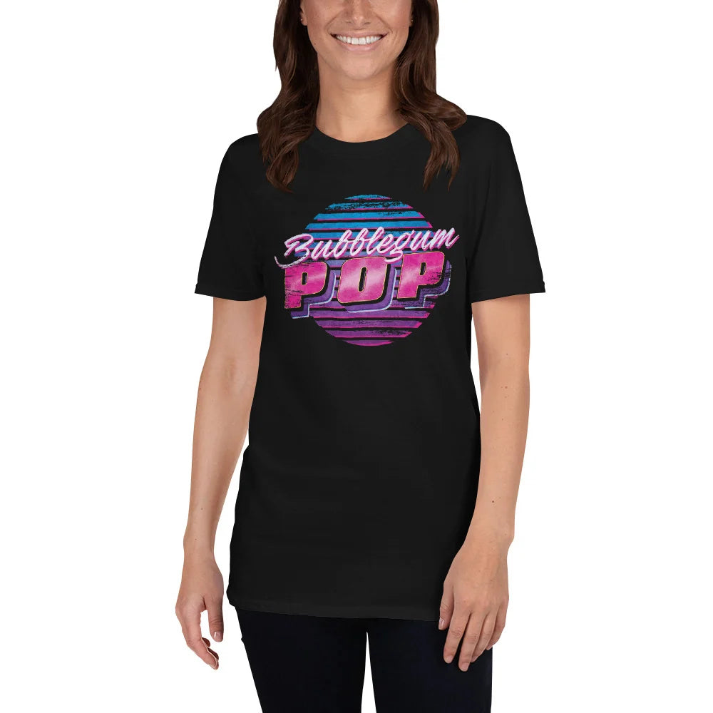Woman wearing a black tee with the neon Bubblegum POP retro sunset graphic