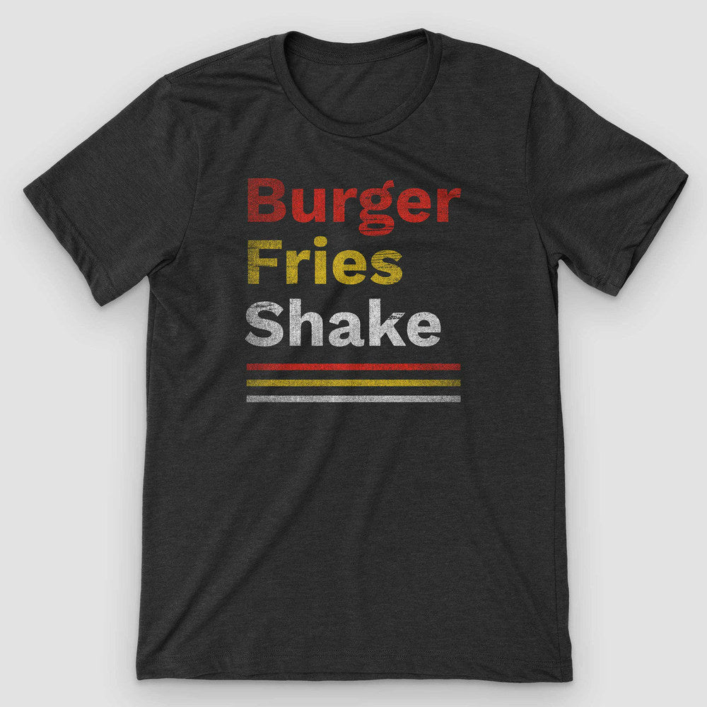 Dark gray heather t-shirt with stacked red, yellow and white "Burger Fries Shake" text