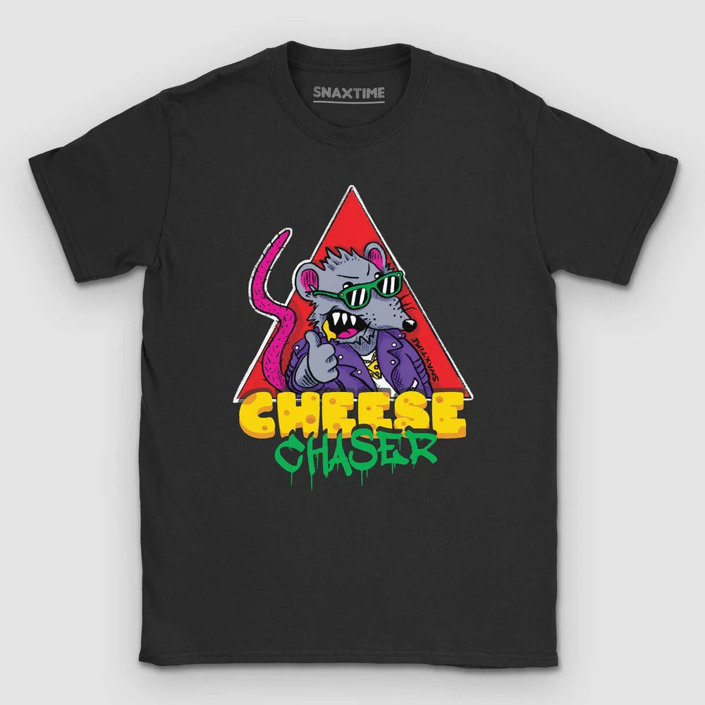 Black t-shirt with a cartoon rat in green shades and a purple jacket over graffiti CHEESE CHASER