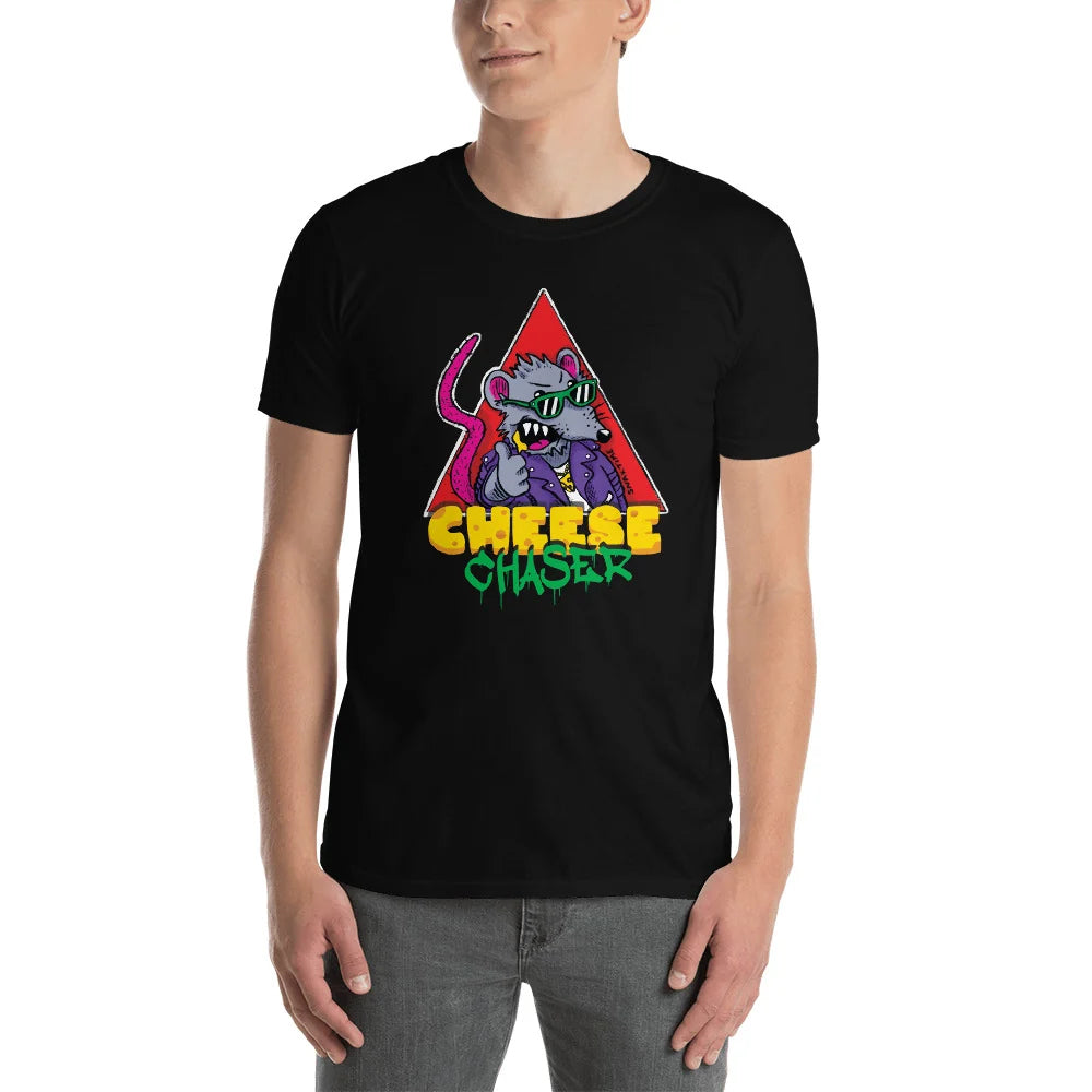 Man wearing a black Cheese Chaser tee with the sunglasses-wearing cartoon rat print