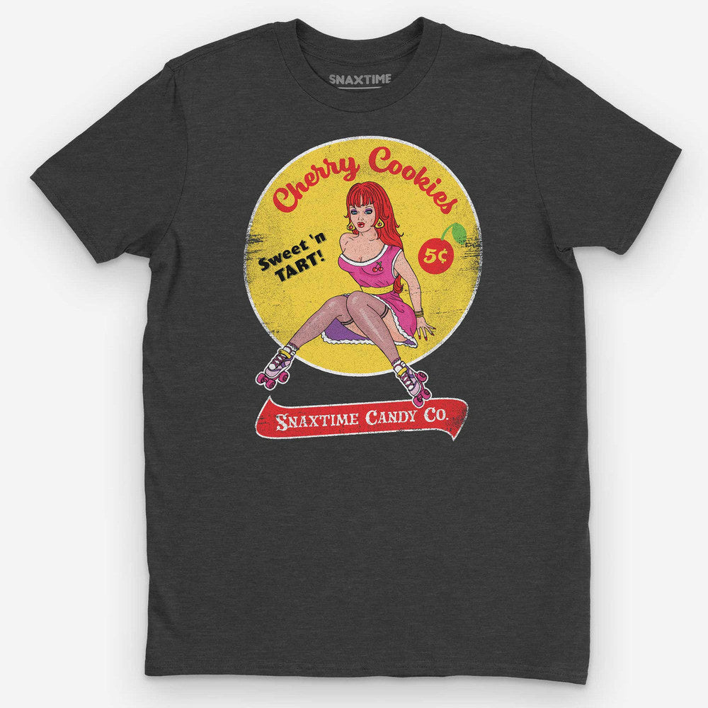 Dark gray heather t-shirt with vintage candy-wrapper art of a pinup on roller skates