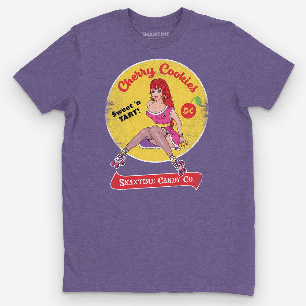 Heather purple t-shirt with a redheaded roller-skating pinup, yellow circle, and Cherry Cookies text