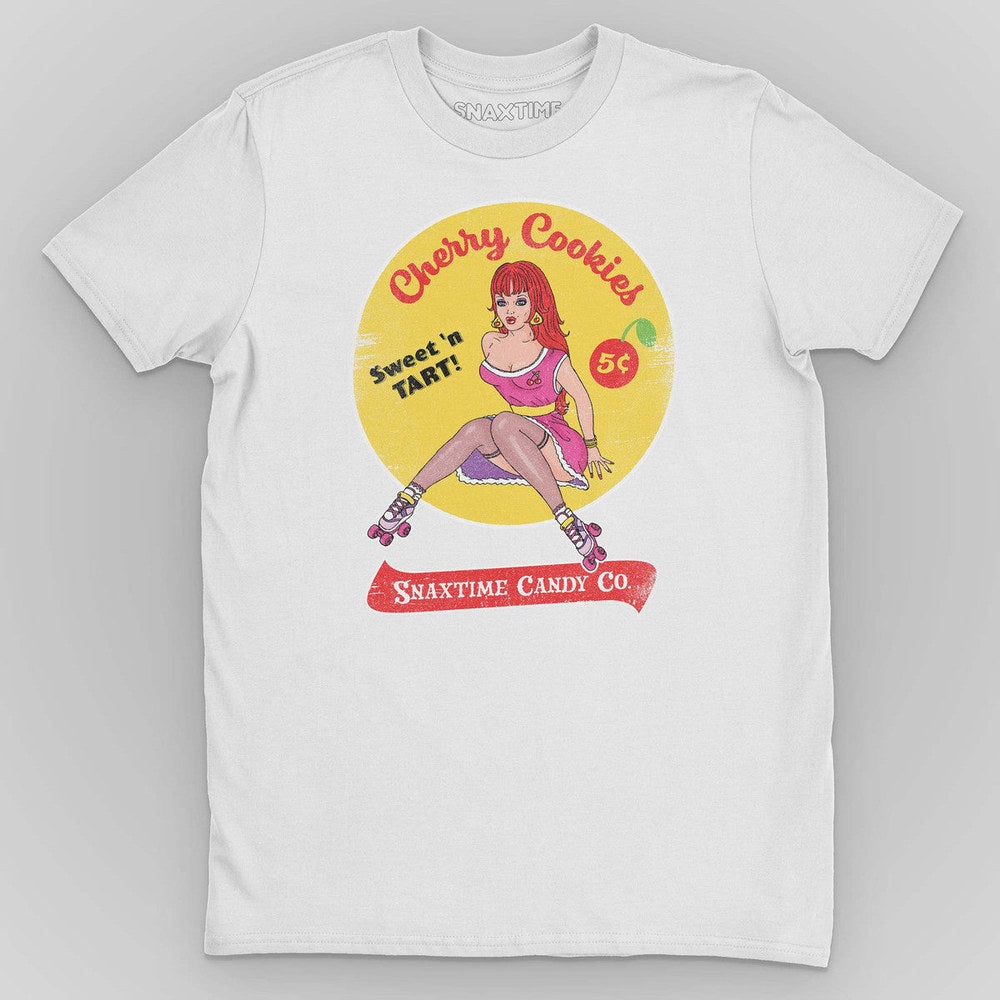 White t-shirt with a retro comic pinup on roller skates and a red Snaxtime Candy Co. banner