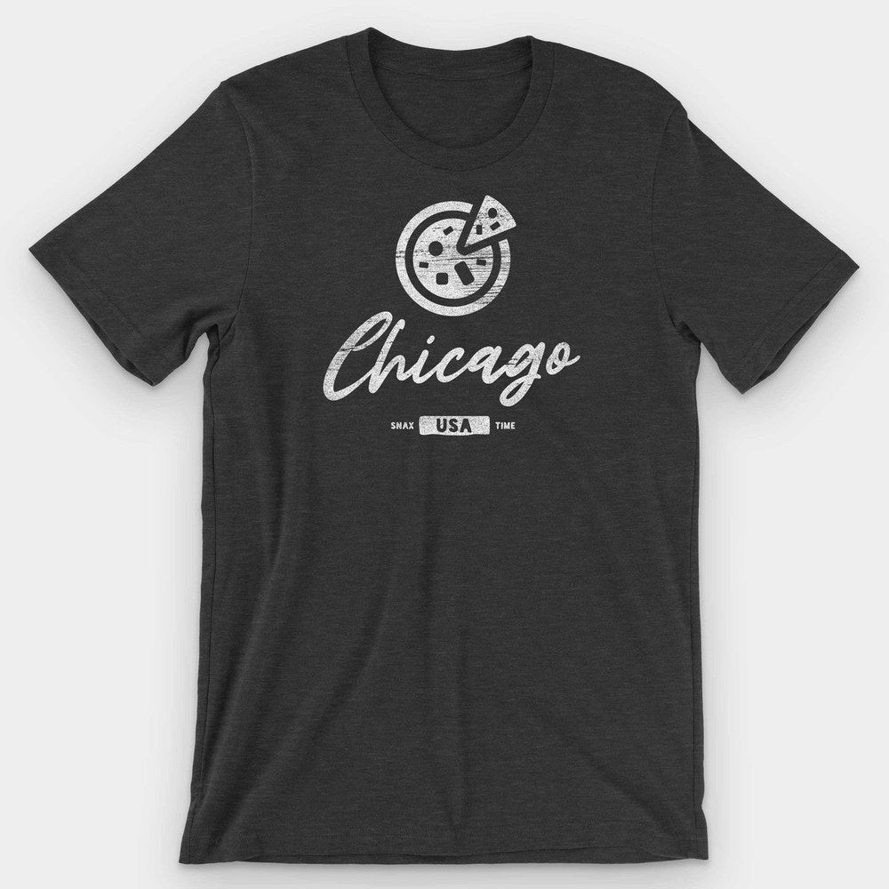 Black heather t-shirt with a white deep dish pizza, pulled slice, and script Chicago