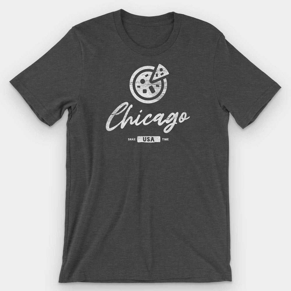 Dark gray heather t-shirt with a worn white pizza pie and handwritten Chicago wordmark