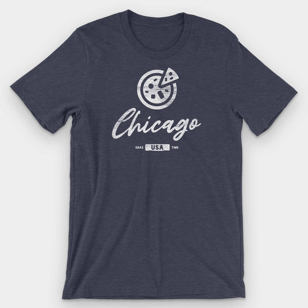 Heather midnight navy t-shirt with a distressed pizza circle above script Chicago