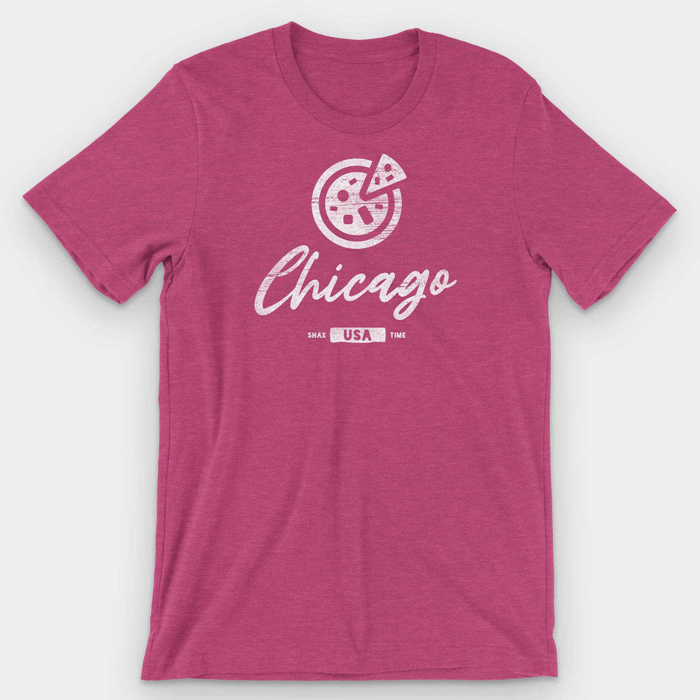 Heather raspberry t-shirt with a white deep dish pizza above script Chicago
