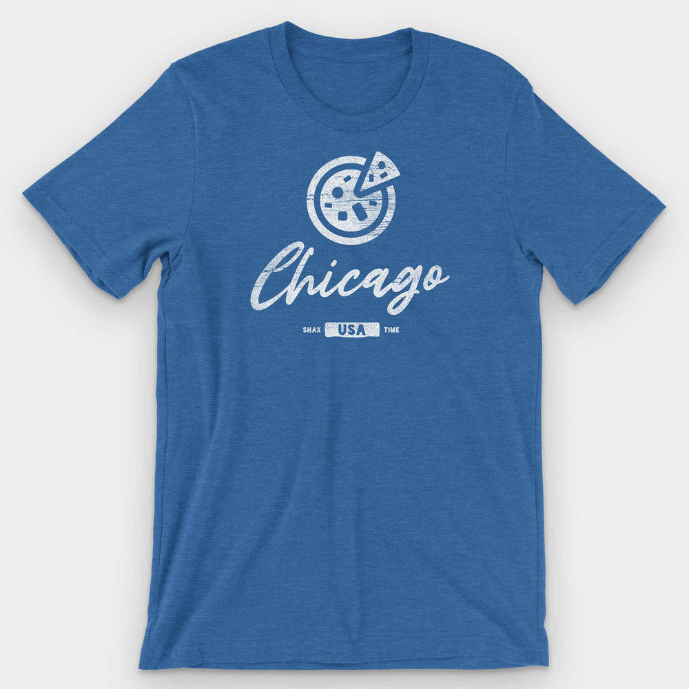 Heather royal blue t-shirt with a pizza circle, pulled slice, and small USA tab