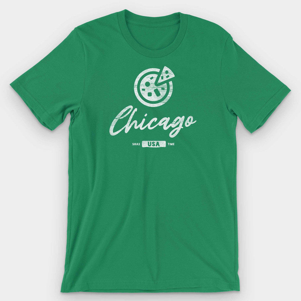 Kelly green t-shirt with a white deep dish pizza icon and script Chicago lettering