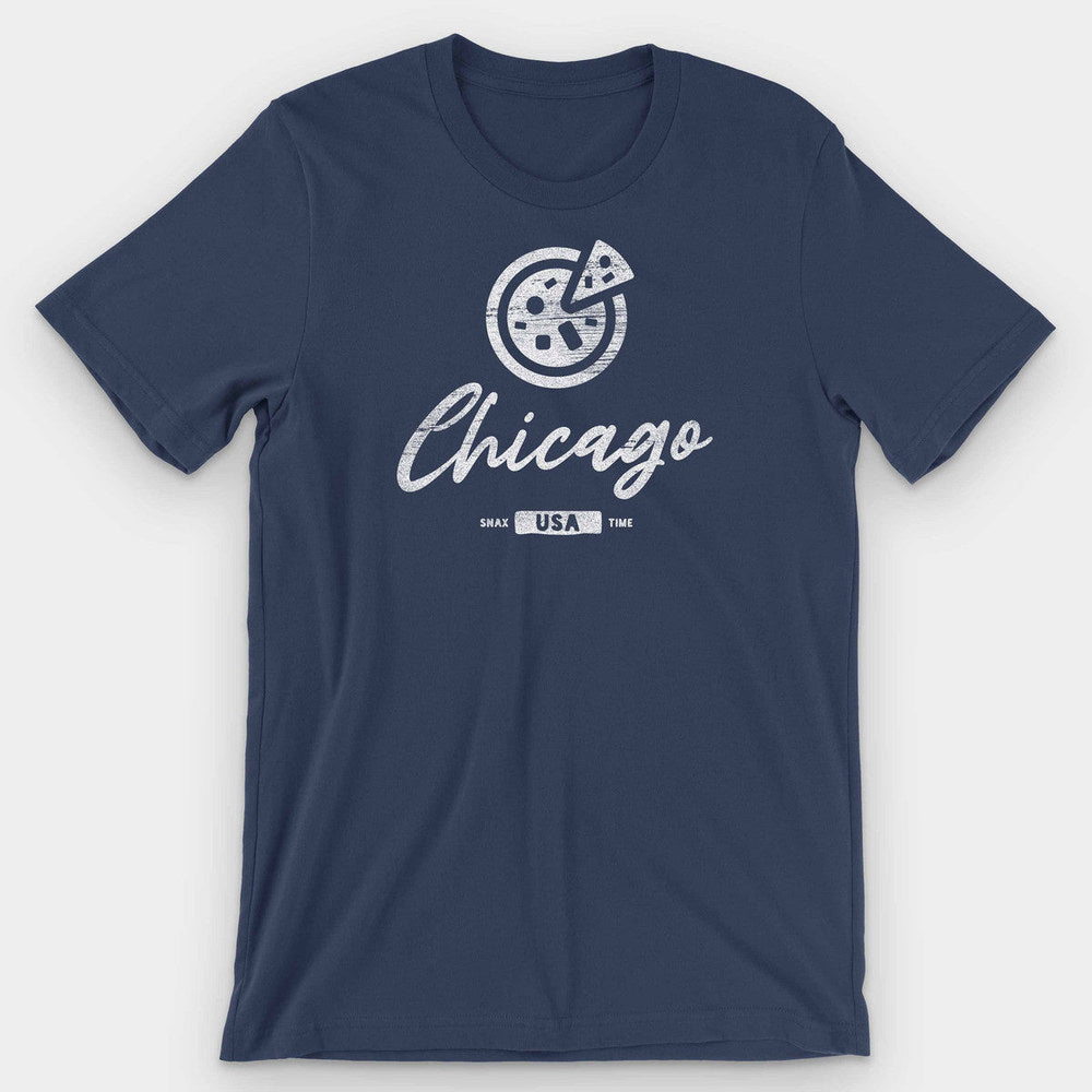 Solid navy t-shirt with a white deep dish pizza graphic and SNAX USA TIME bar