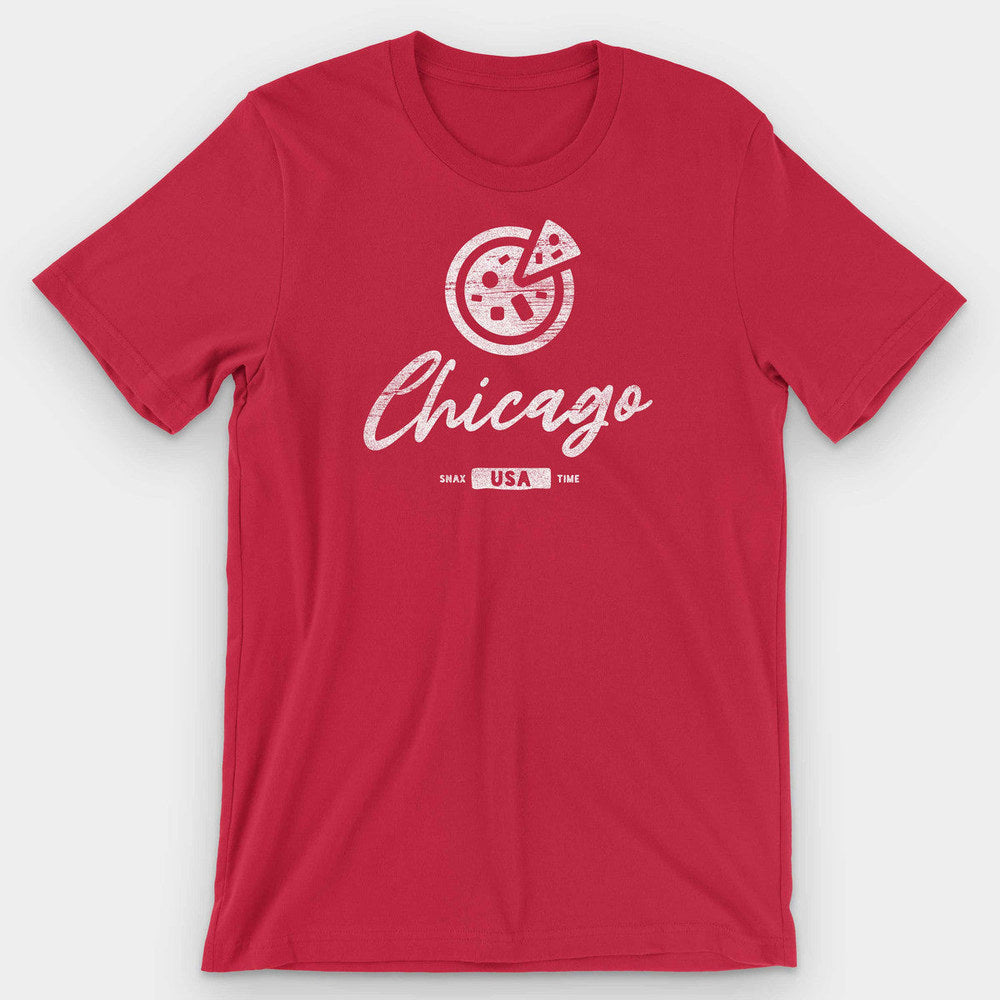 Red t-shirt with a white deep dish pizza and brushed Chicago script