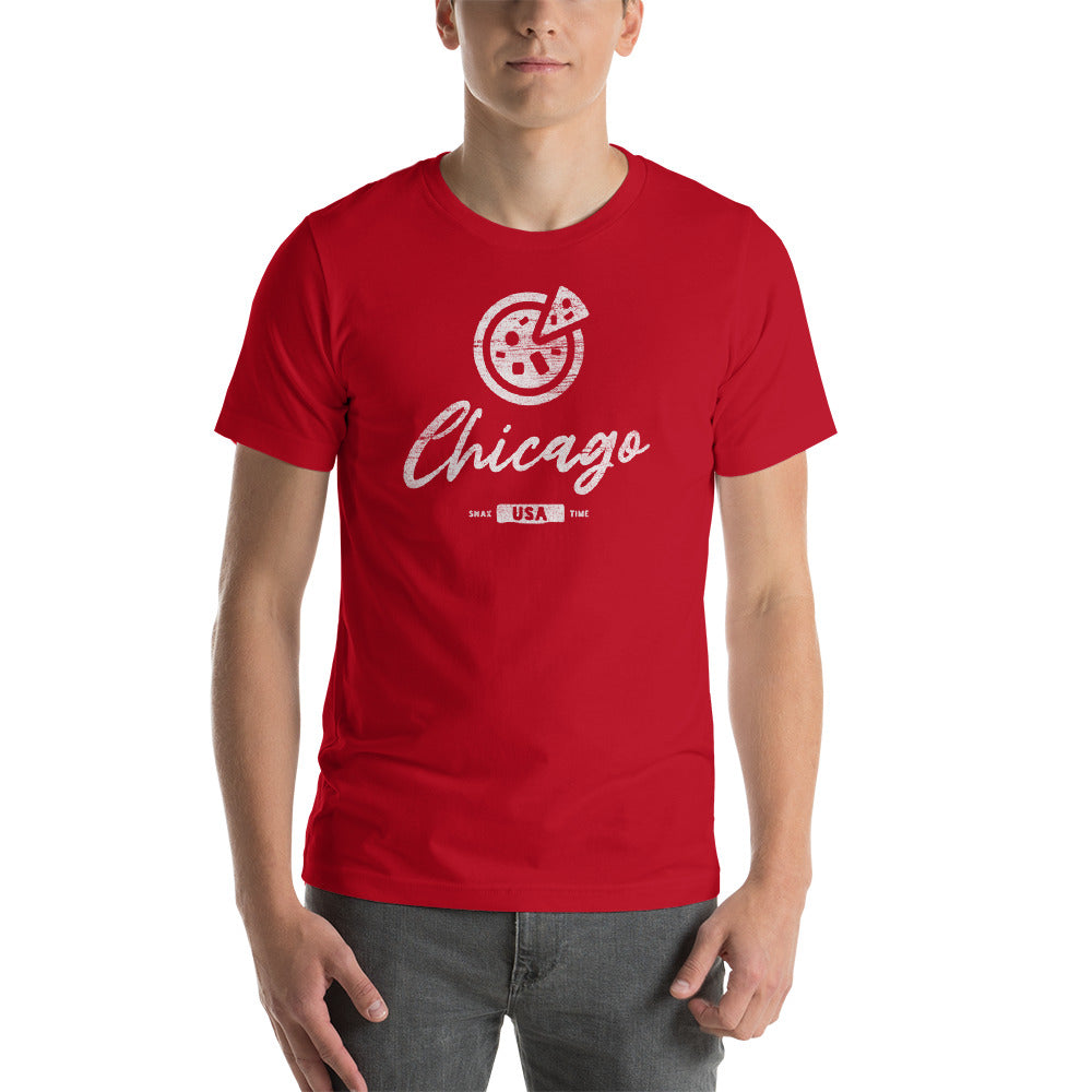 Man wearing a red Chicago deep dish pizza t-shirt with white script lettering