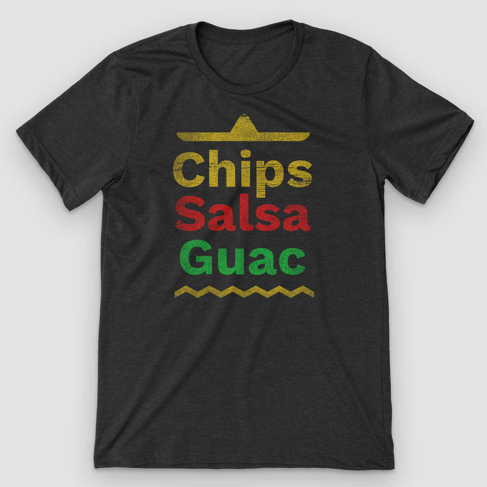 Black heather t-shirt with Chips Salsa Guac in gold, red and green under a sombrero