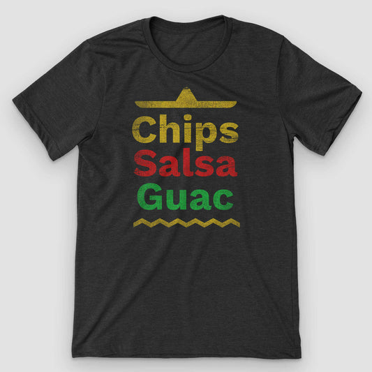 Black heather t-shirt with Chips Salsa Guac in gold, red and green under a sombrero