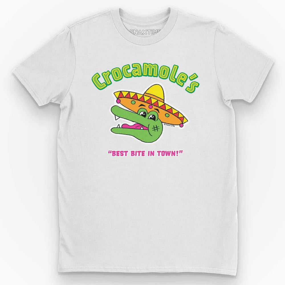 White t-shirt with a neon green crocodile in a sombrero under green "Crocamole's" lettering