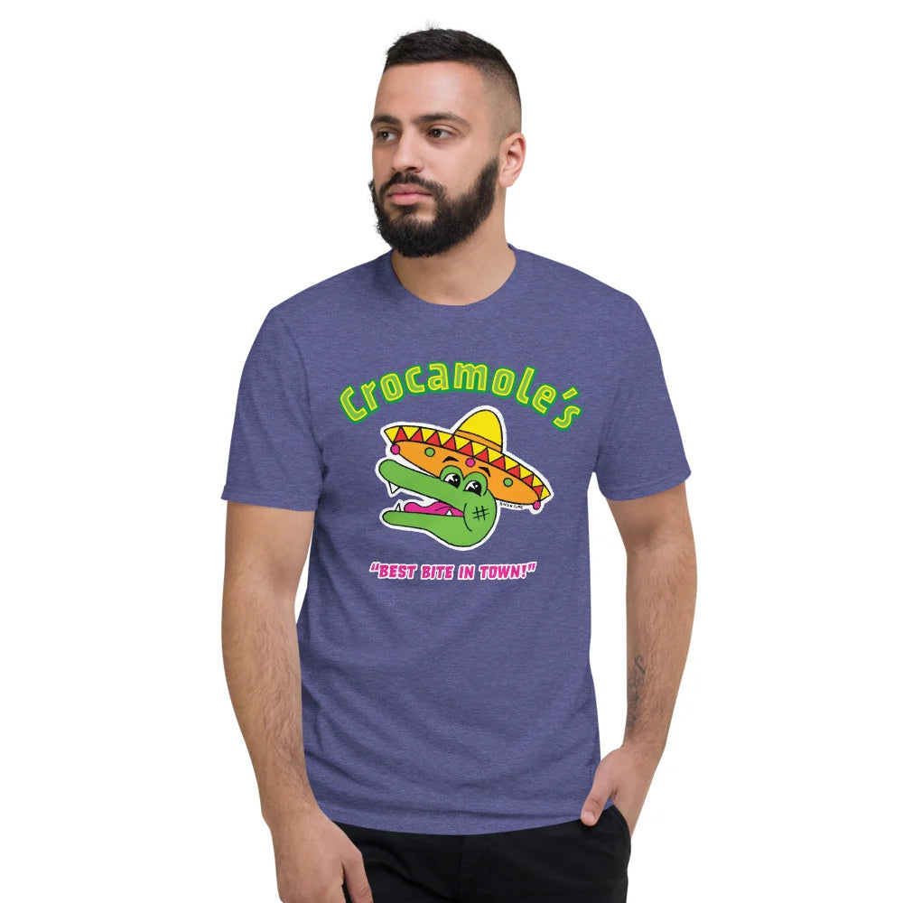 Bearded man wearing the heather blue crocodile-in-a-sombrero "Crocamole's" t-shirt