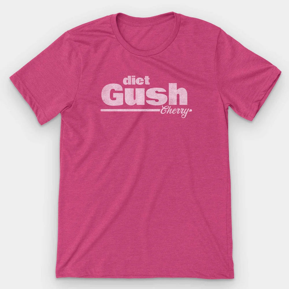 Heather pink t-shirt with a retro diet Gush Cherry soda logo in pale pink