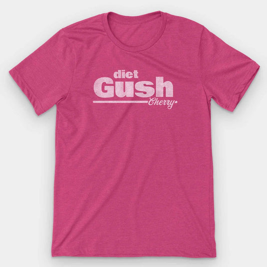 Heather pink t-shirt with a retro diet Gush Cherry soda logo in pale pink